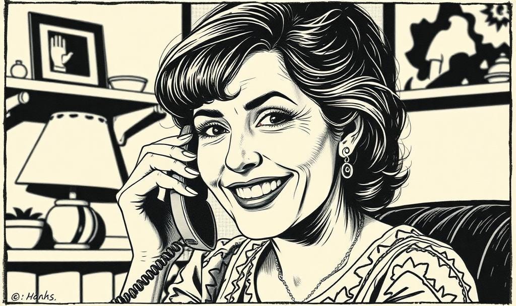 housewife looks at camera while speaking on phone with emotional happy face expression