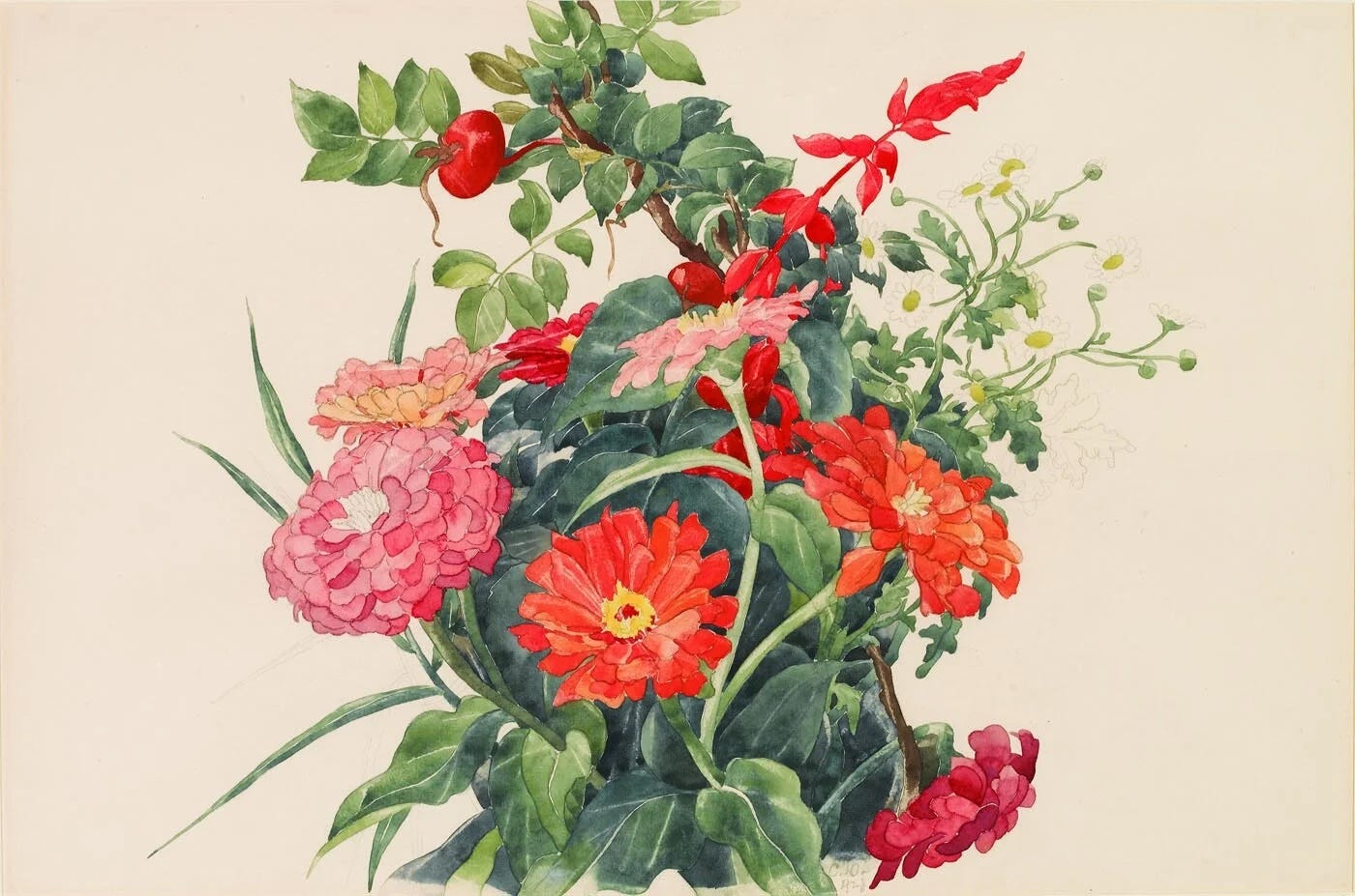 Watercolor painting depicting a bouquet of flowers in soft shades of red, pink, and yellow, along with overflowing greenery