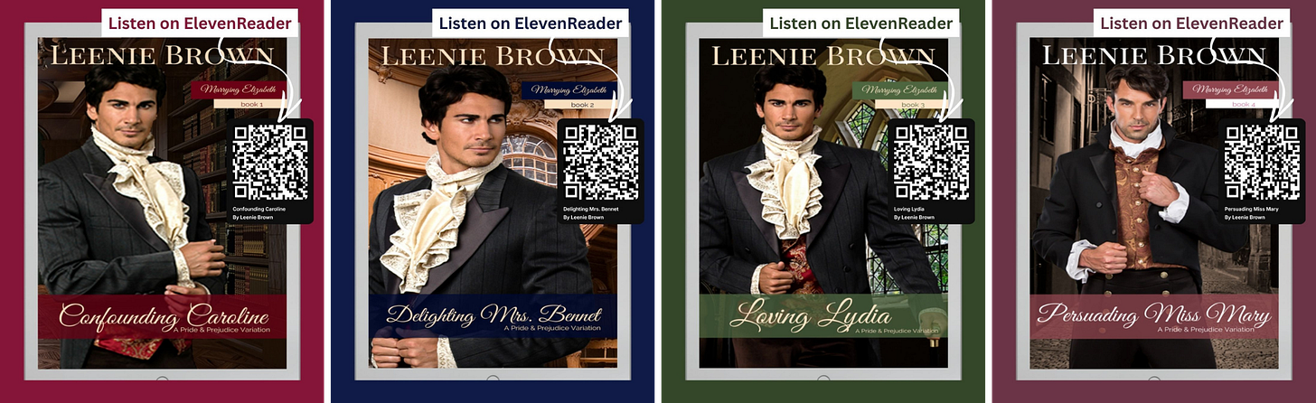 Cover images of the first four books in the Marrying Elizabeth series with QR codes included with each cover