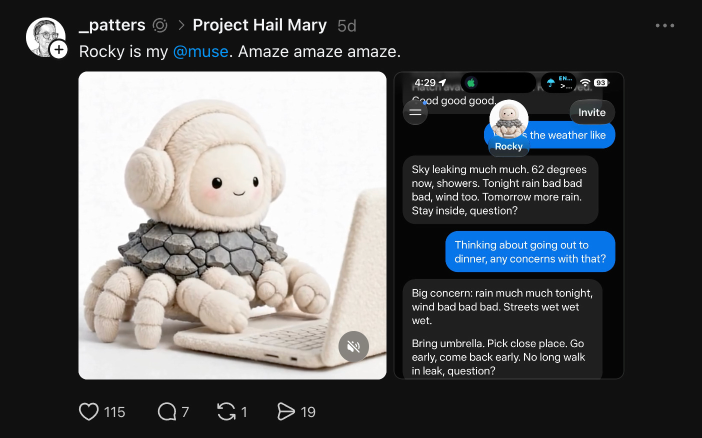 A Threads post by @_patters showing Rocky, a rock-armored Muse at a laptop, alongside its chat replies about rainy weather. A Threads post by @_patters showing Rocky, a rock-armored Muse at a laptop, alongside its chat replies about rainy weather.