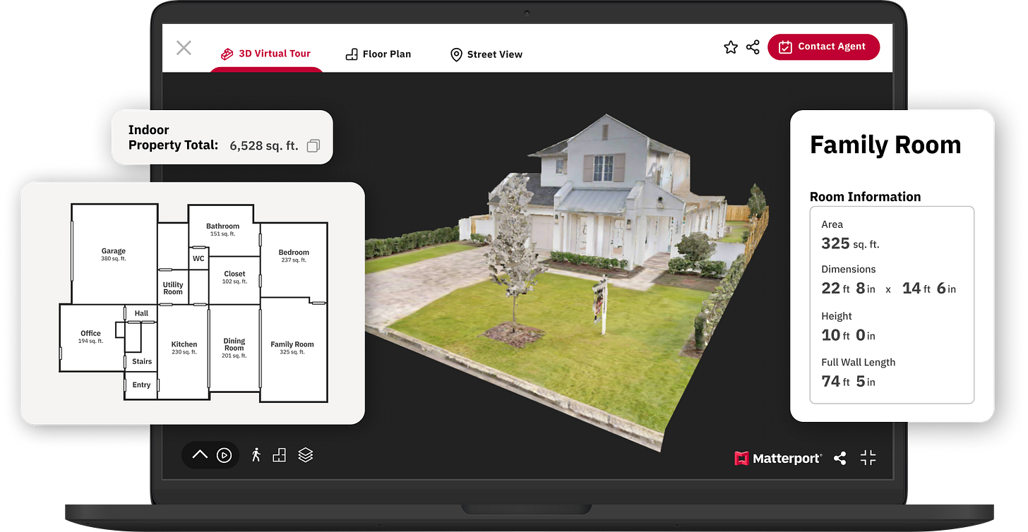 A laptop showing a Matterport model with a Floor Plan and room information superimposed over the screen.