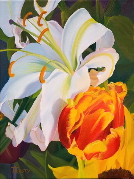 Oil Painting of Lilies and Tulips by Ann Trusty