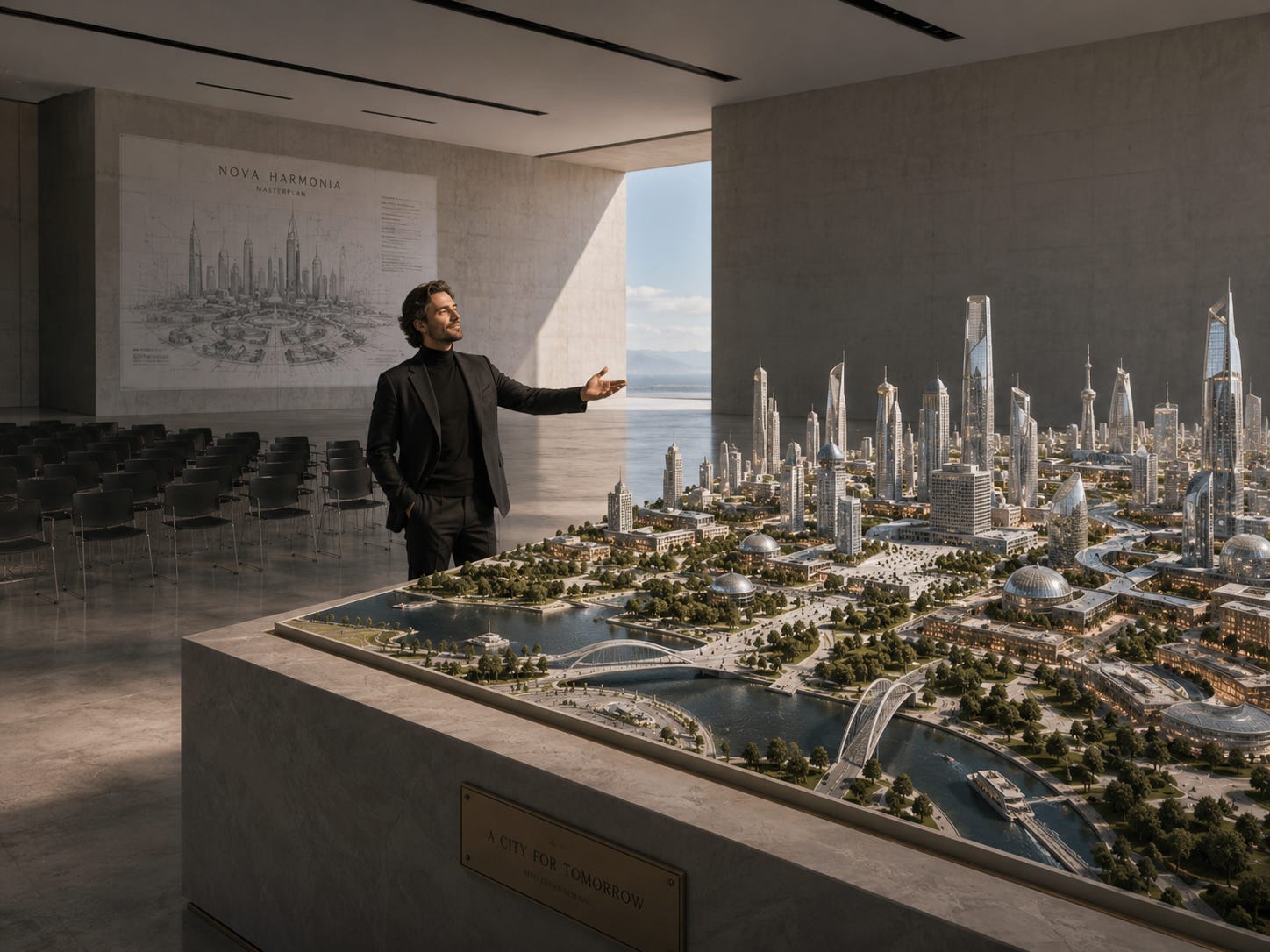 Architect presenting a detailed futuristic city model to an empty room, symbolizing building without users or market demand.