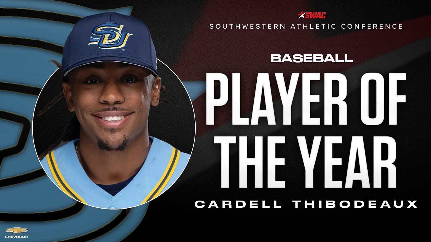 May be an image of 1 person, playing football and text that says 'ปี่ KSWAC SOUTHWESTERN ATHLETIC CONFERENCE BASEBALL PLAYER OF YEAR CARDELL THIBODEAUX CHEVROLET'