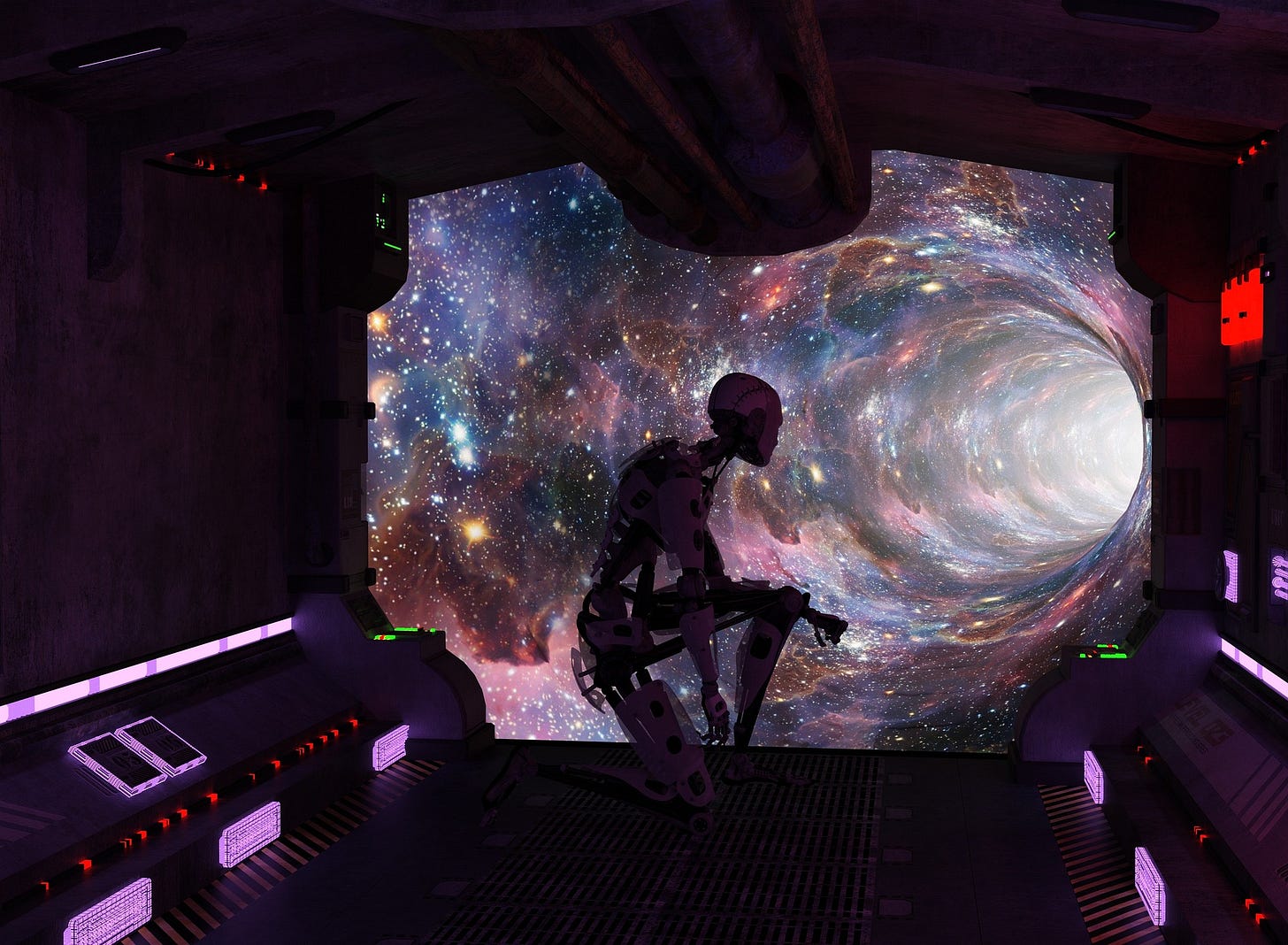 Image of humanoid robot looking at galaxy