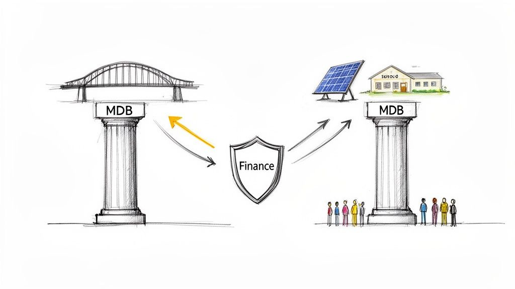 Diagram illustrates MDB finance supporting infrastructure (bridge) and community development (solar, school, people) projects.