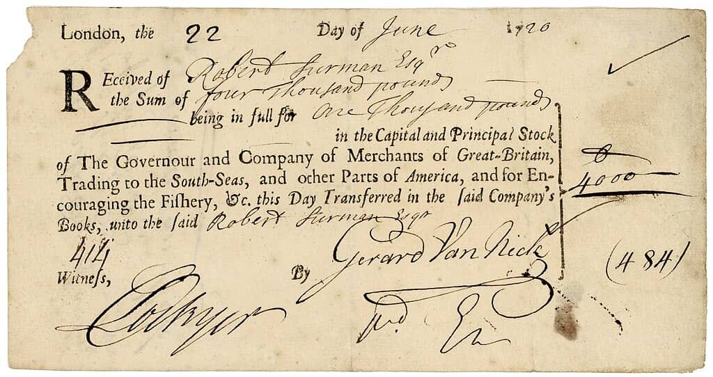 Stock certificate of the South Sea Company, issued 22 June 1720. Stock certificate of the South Sea Company, issued 22 June 1720.