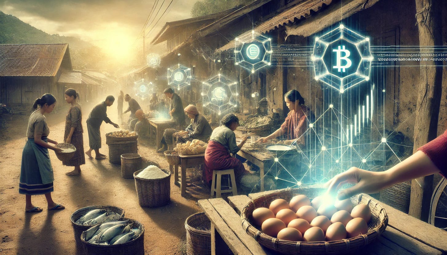 A rustic village market scene showing people exchanging goods like eggs, flour, and fish. The image captures a barter system evolving, with people trading items under a soft, warm light. Above the scene, faint, digital symbols and holographic representations of currency and trade float, symbolizing the gradual transformation into modern commerce. The people in the market look uncertain but hopeful, hinting at the changes technology might bring to traditional economic systems.