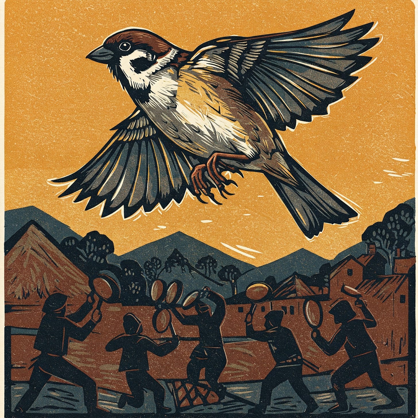 A sparrow flying the sky. Beneath villagers beat pots and pans to scare it away.