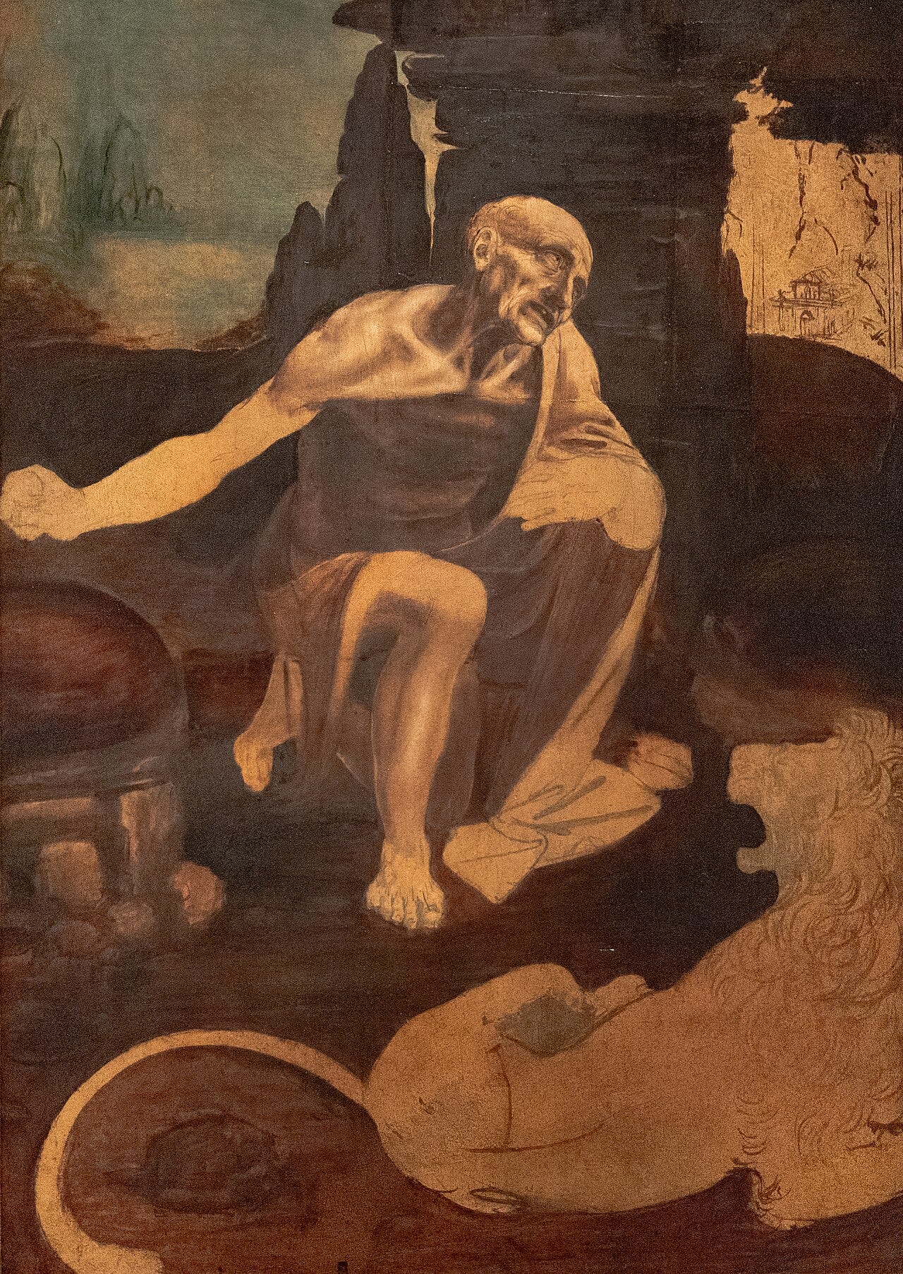 Leonardo da Vinci, Saint Jerome in the Wilderness, a gaunt figure modelled in soft light and shade Leonardo da Vinci, Saint Jerome in the Wilderness, a gaunt figure modelled in soft light and shade