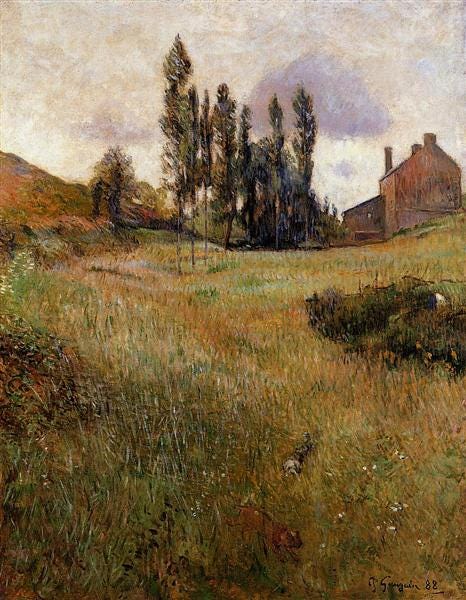 Impressionist landscape painting in hues of grays, browns, and yellows of a small field with a French house and tall tree in the background and dogs running through high grass.