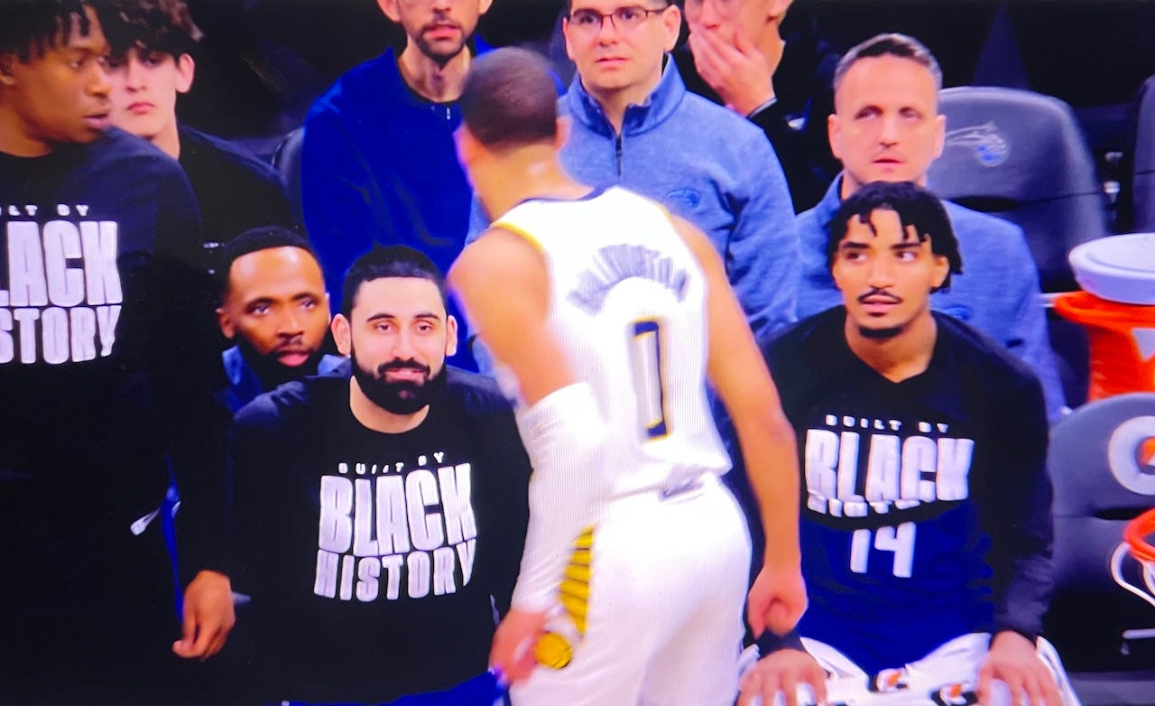 Former teammates Tyrese Haliburton and Goga Bitadze have a fun exchange after Haliburton drains a 3-pointer in the third quarter. Former teammates Tyrese Haliburton and Goga Bitadze have a fun exchange after Haliburton drains a 3-pointer in the third quarter.