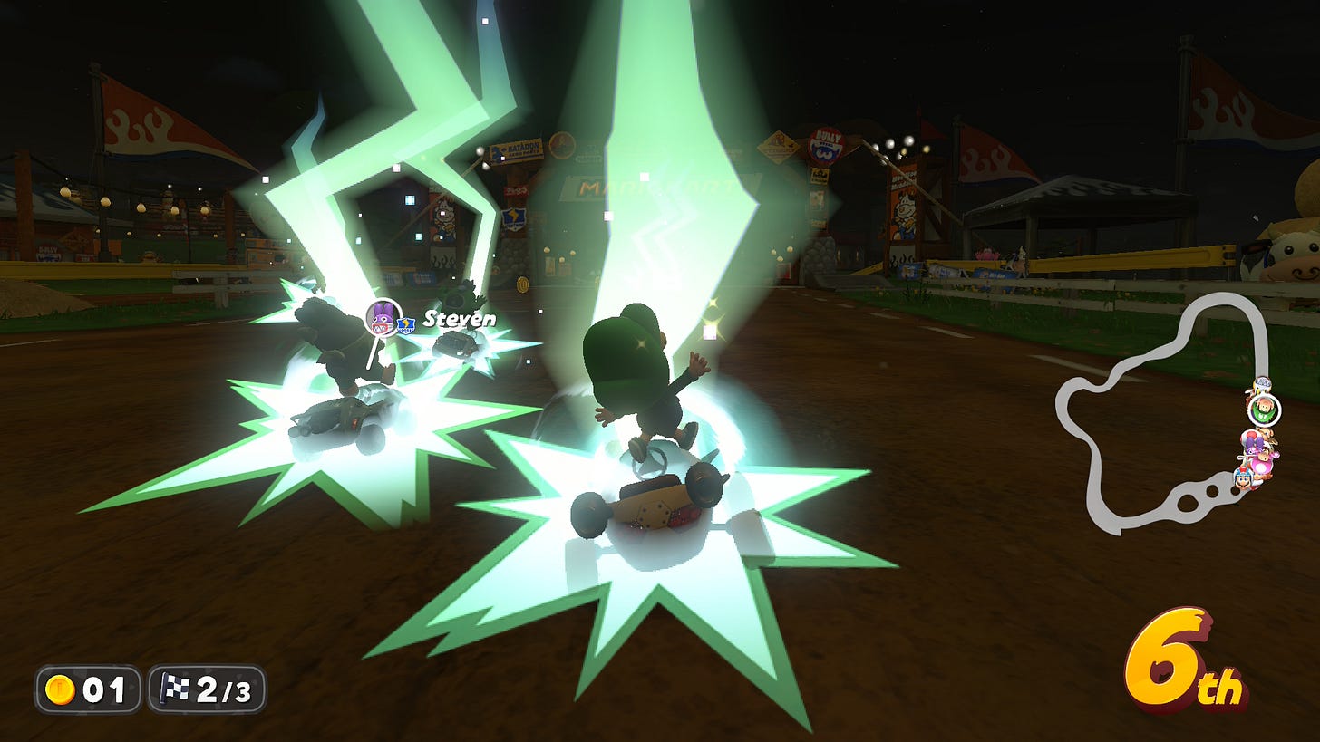 Baby Luigi (and others) get zapped by lightning.