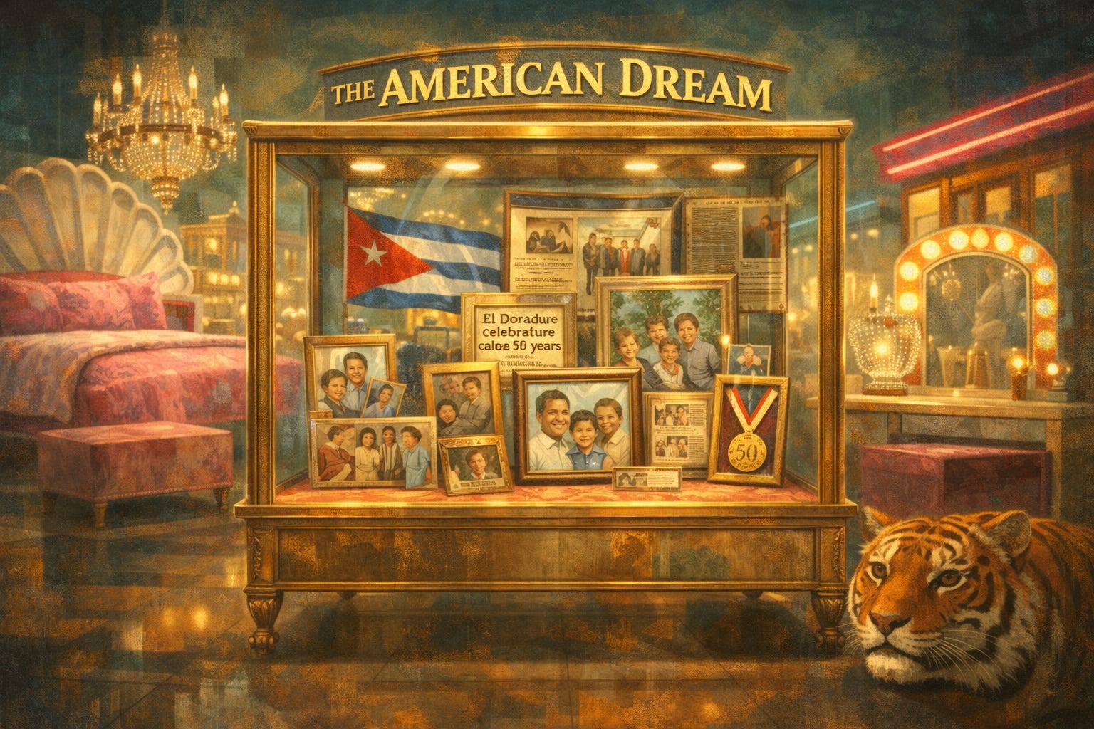 A glass display case labeled ‘THE AMERICAN DREAM’ contains framed family photos, medals, newspaper clippings, and a Cuban flag inside an ornate furniture showroom. The museum-like presentation and surrounding excess turn the display into a surreal monument to aspiration and consumer spectacle. A glass display case labeled ‘THE AMERICAN DREAM’ contains framed family photos, medals, newspaper clippings, and a Cuban flag inside an ornate furniture showroom. The museum-like presentation and surrounding excess turn the display into a surreal monument to aspiration and consumer spectacle.