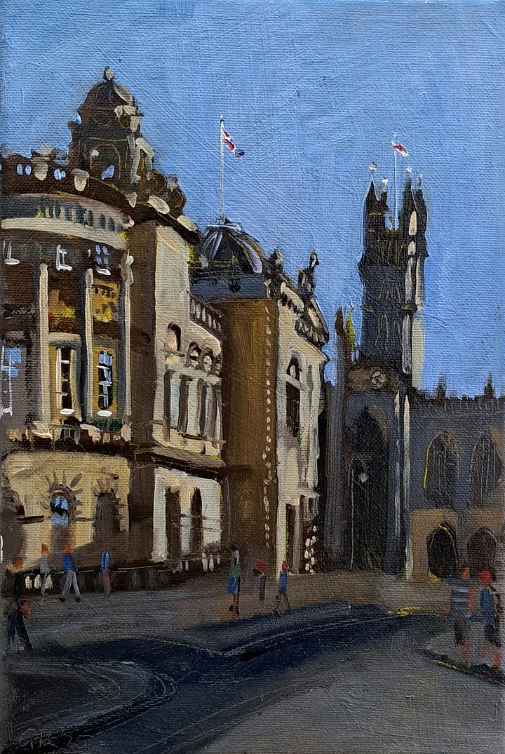 Images of 1) Gail painting on a boat, 2) the painting from the boat, 3) a view towards Bath Abbey, 4) a painting of Christmas Steps, Bristol