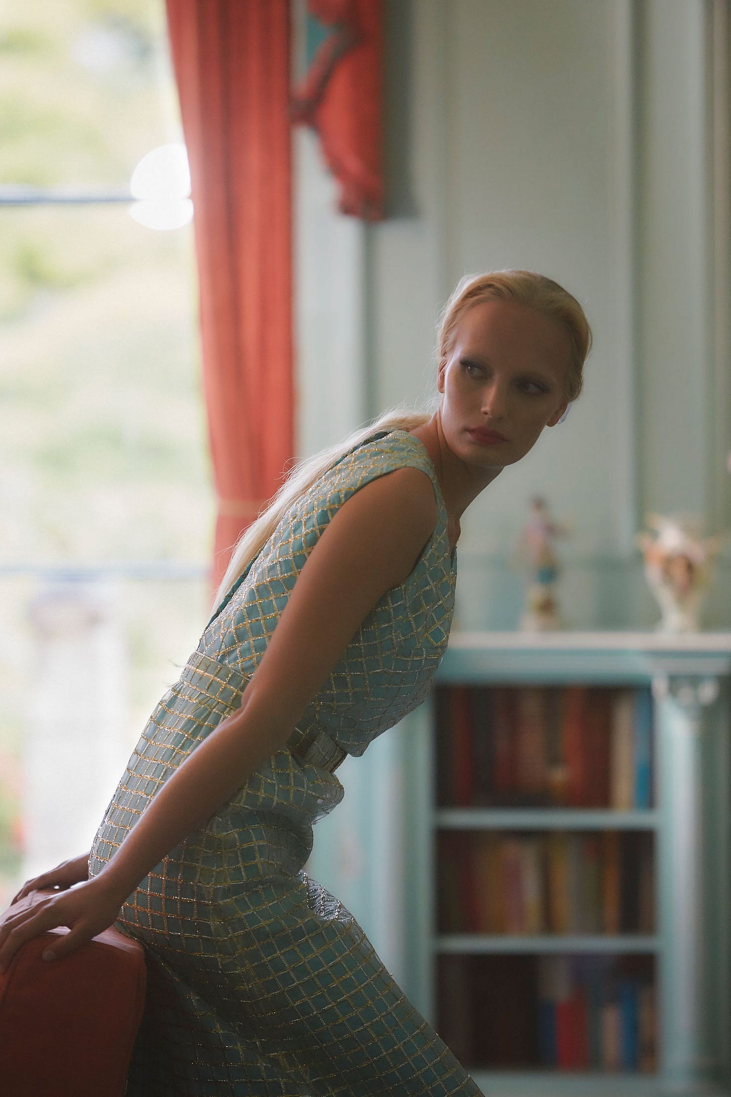 Model Leni Vöster wears one of Barbra Cartland's Dresses, Photography By Claudia Legge, Styling by Grace Joel, Make Up Dominique Hawkes Camfield Place Laura Swaine Hair Barbara Cartland Model Leni Vöster wears one of Barbra Cartland's Dresses, Photography By Claudia Legge, Styling by Grace Joel, Make Up Dominique Hawkes Camfield Place Laura Swaine Hair Barbara Cartland