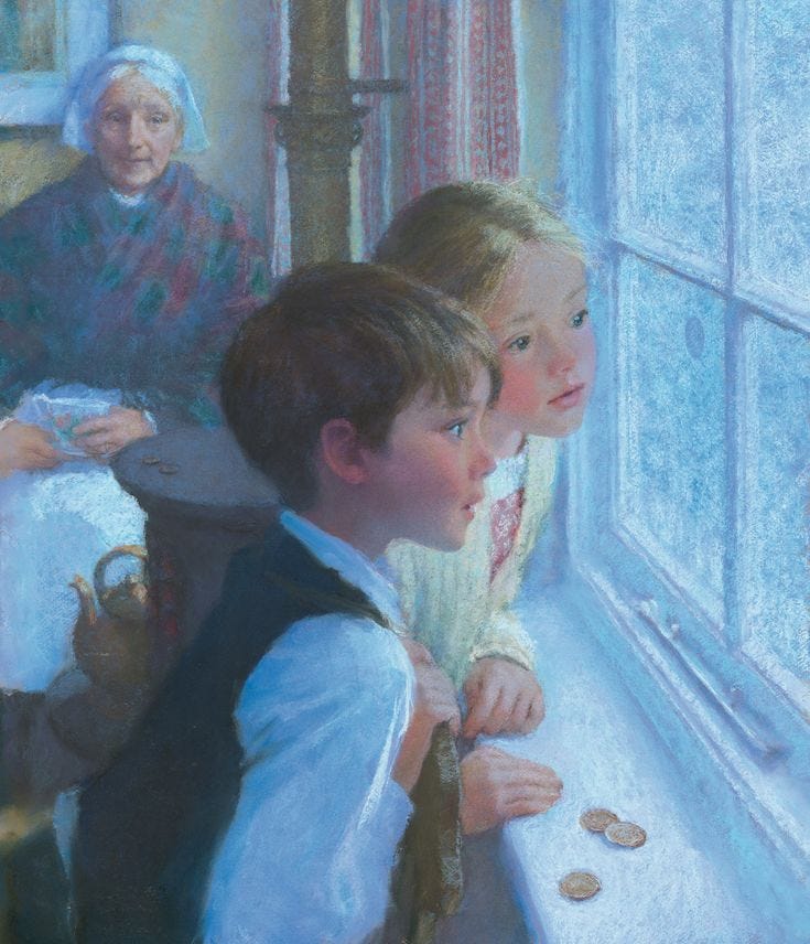This may contain: a painting of two children looking out the window at an older woman and child eating cookies This may contain: a painting of two children looking out the window at an older woman and child eating cookies