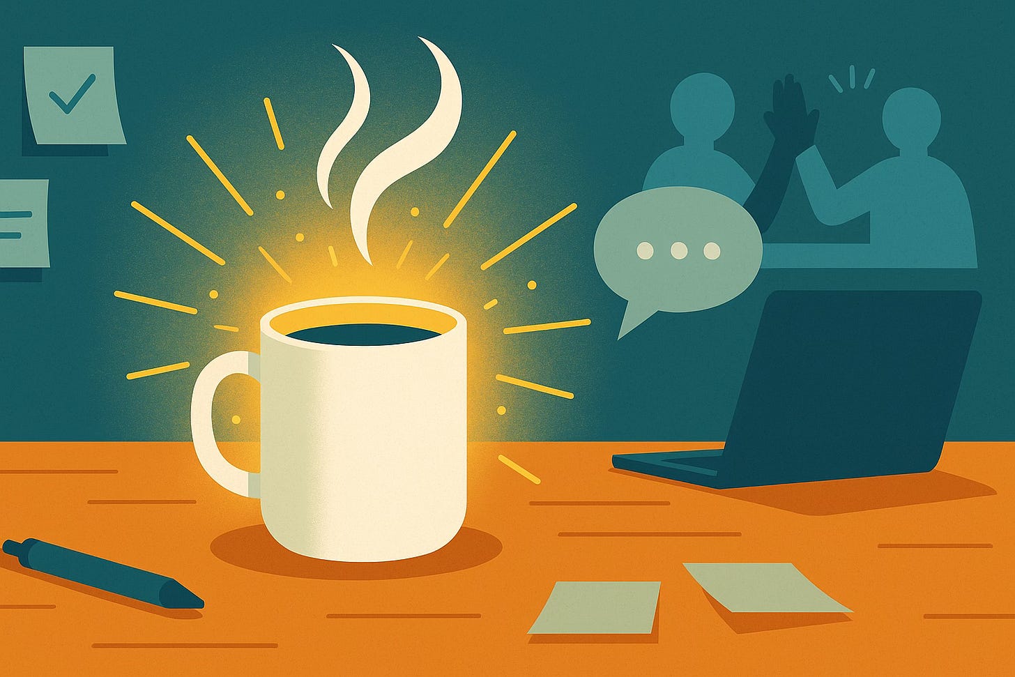 Illustration of a glowing coffee cup on a desk surrounded by subtle symbols of collaboration, representing the idea of joy and energy at work. Illustration of a glowing coffee cup on a desk surrounded by subtle symbols of collaboration, representing the idea of joy and energy at work.