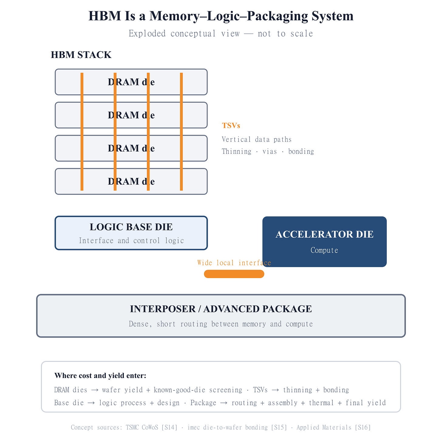 Exploded conceptual view of an HBM package An exploded conceptual diagram shows stacked DRAM dies connected by through-silicon vias, a logic base die, an interposer and an adjacent accelerator die. Annotations identify the manufacturing and yield costs added at each layer.