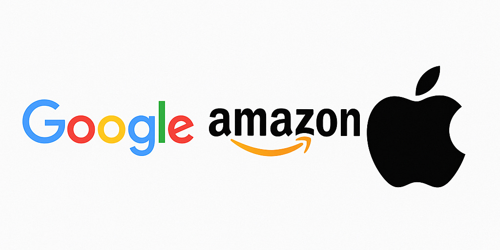 Logos of Google, Amazon, and Apple side-by-side on a white background