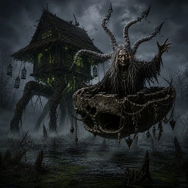 Baba Lysaga floating in her inverted giant skull cradle beside her monstrous hut, swamp fog swirling, iron-tipped braids rising like horns, dark eyes burning with malice