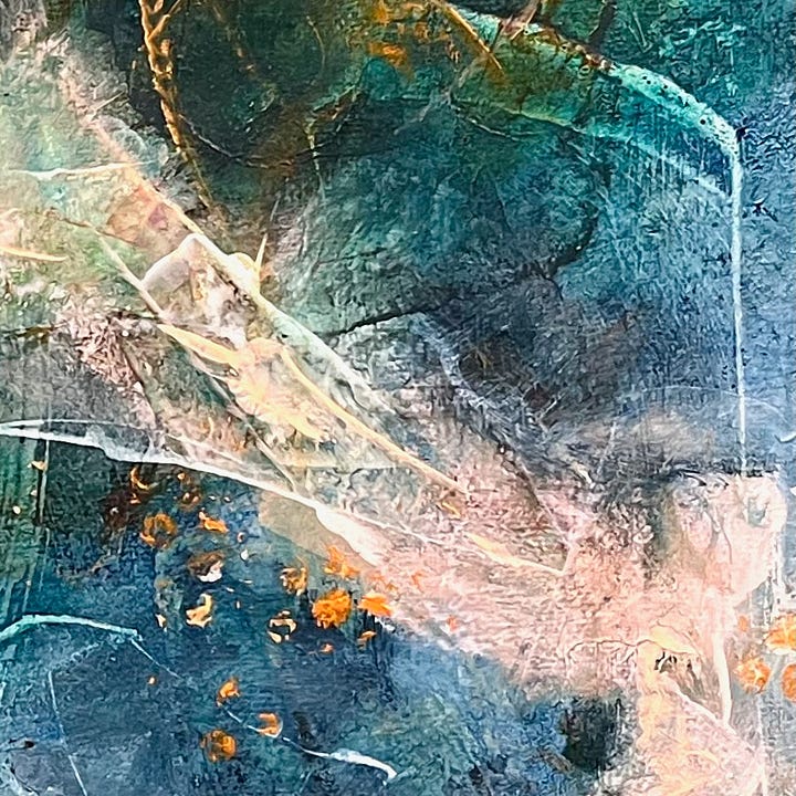 Vibrant, colourful abstract painting rich in blues and orange