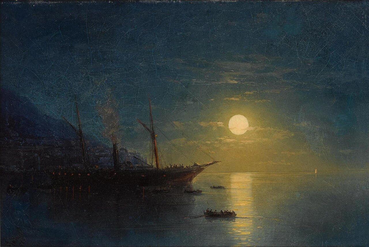 A calm sea and volcano under a huge glowing moon that lays a silver path across the water A calm sea and volcano under a huge glowing moon that lays a silver path across the water