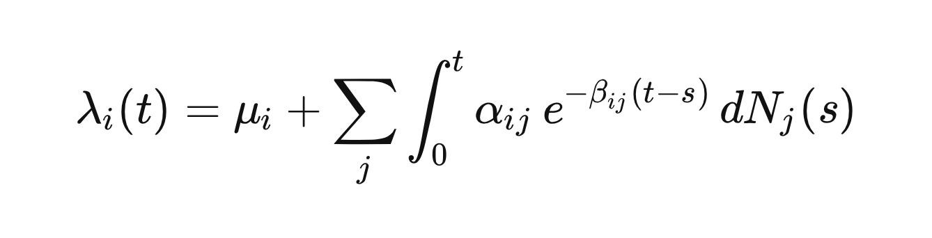 \lambda_i(t) = \mu_i + \sum_j \int_0^t \alpha_{ij} \, e^{-\beta_{ij}(t - s)} \, dN_j(s) \lambda_i(t) = \mu_i + \sum_j \int_0^t \alpha_{ij} \, e^{-\beta_{ij}(t - s)} \, dN_j(s)