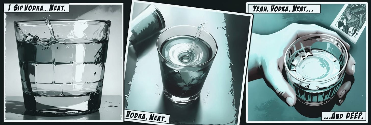 Three panel, moody seinen manga comic strip illustration in stark monochromatic teal with bold comic book lettering. Panel one: full vodka glass captioned "I sip vodka. Neat." Panel two: shot glass captioned, “Vodka. Neat.” Panel three: empty glass cradled in hands captioned above, "Yeah. Vodka. Neat..." Captioned below, "...And DEEP." The progression visually charts escalating alcohol consumption with darkening tones, reflecting the article's exploration of family coping mechanisms, inherited patterns of self-medication, and how survival strategies deepen over time. Digital tools included Krita & AI.