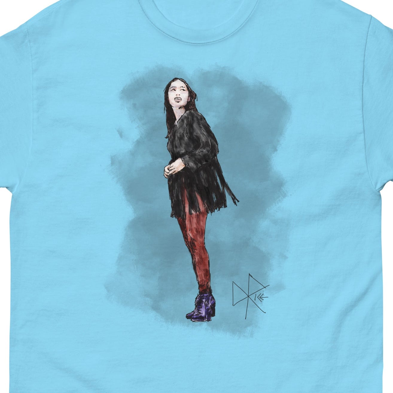 A woman standing tall - wearing a dark fringed shirt, red tights and high heeled boots. Sketch art by Don Rice.