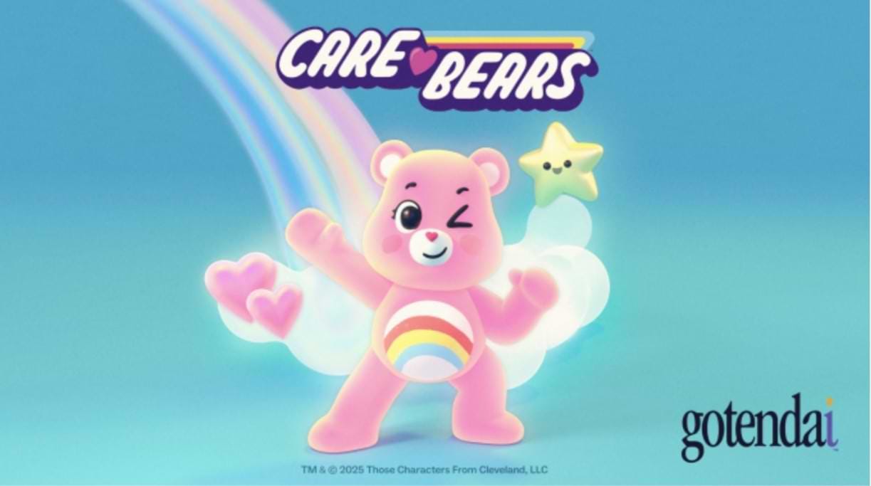 Promotional image for the AI-powered Care Bears app by Gotendai and Cloudco Entertainment. Features a 3D animated Cheer Bear winking with rainbow trails, floating hearts, and a smiling star on a light blue background. The logos for "Care Bears" and "Gotendai" are visible, signaling the relaunch of the iconic brand as interactive, AI-driven companions.