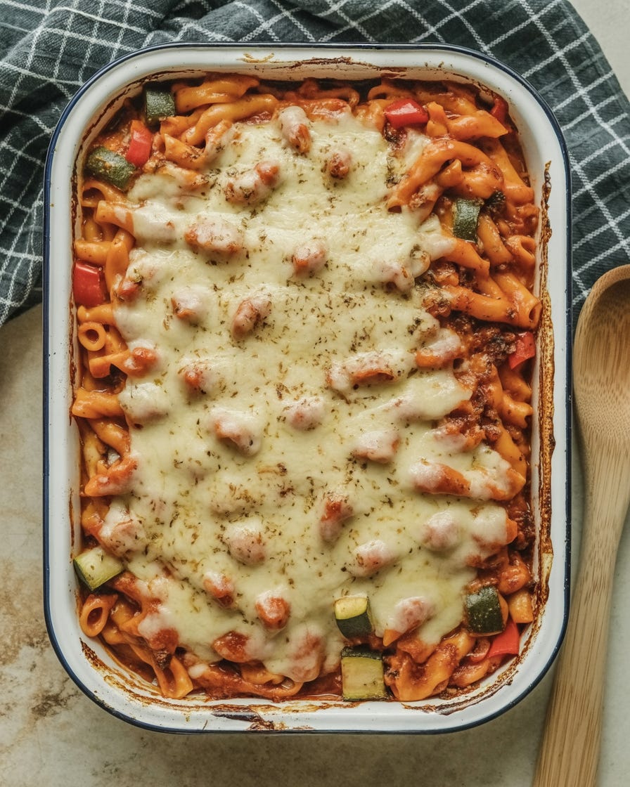 Baked pasta with veggies and sausages