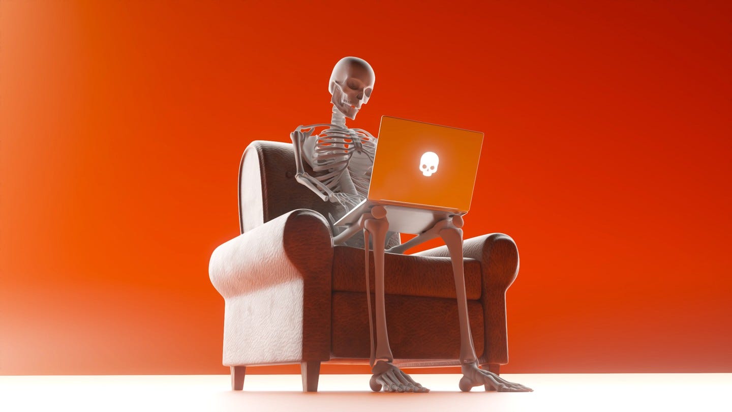 A skeleton sitting on a couch using a laptop, with a red-orange background behind them