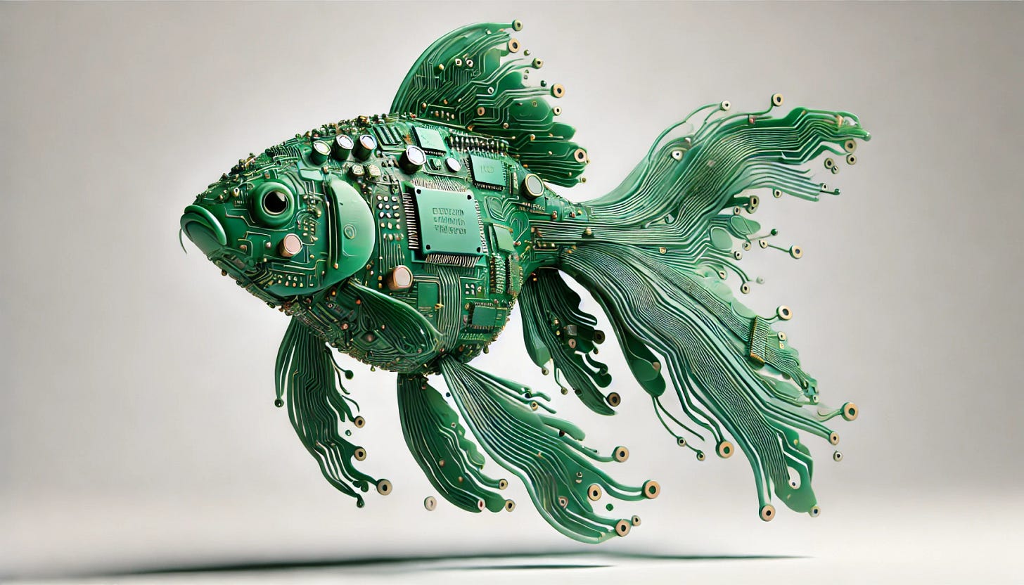 A 3D digital illustration of a goldfish designed as a green PCB (printed circuit board), with visible computer chips, circuits, and soldered components integrated into its body. The goldfish is shown at an angle, swimming mid-air, with a clean white background. The design emphasizes a high-tech, futuristic aesthetic, blending the organic shape of the goldfish with detailed, realistic PCB elements.
