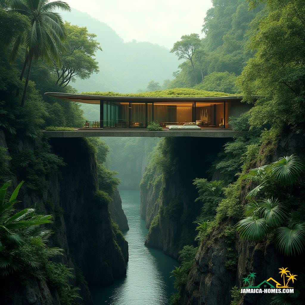 Modern Caribbean home, 500 sq. ft, cantilevered concrete and steel structure, floating over a steep mountainside, narrow river below, surrounded by lush tropical forest, large panoramic windows, green roof, terraced layout, drenched in bright Caribbean sunlight, inspired by the innovative architecture of Frank Lloyd Wright, Zaha Hadid, and Santiago Calatrava, hyper-realistic, cinematic, with a 35mm film aesthetic, cinematic lighting, and atmospheric film grain, color graded to perfection.