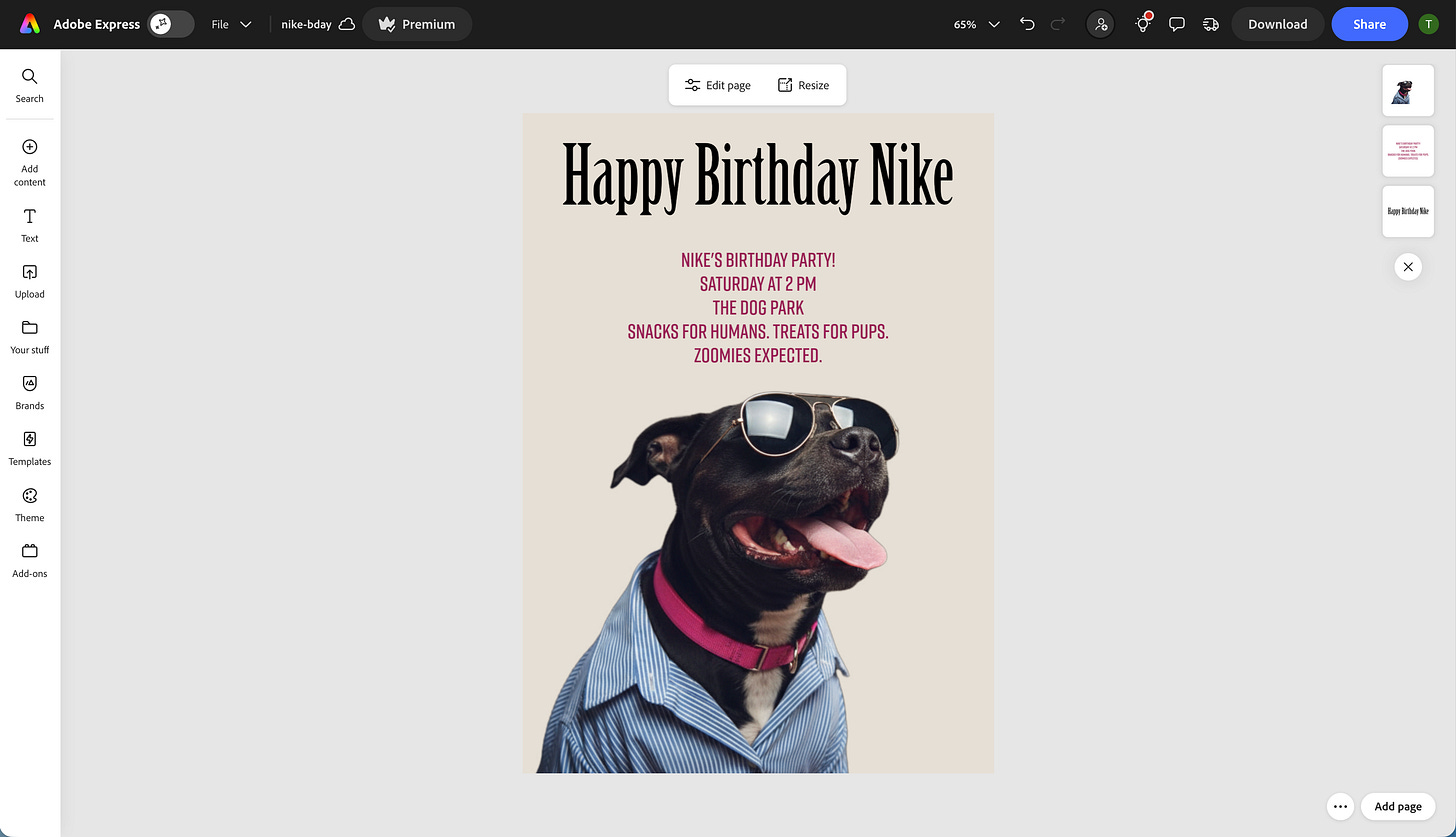 A screenshot of Adobe Express inside ChatGPT showing the final invitation design: Nike re-imagined with sunglasses, a blue button-down shirt, and lighting that matches the birthday card template.