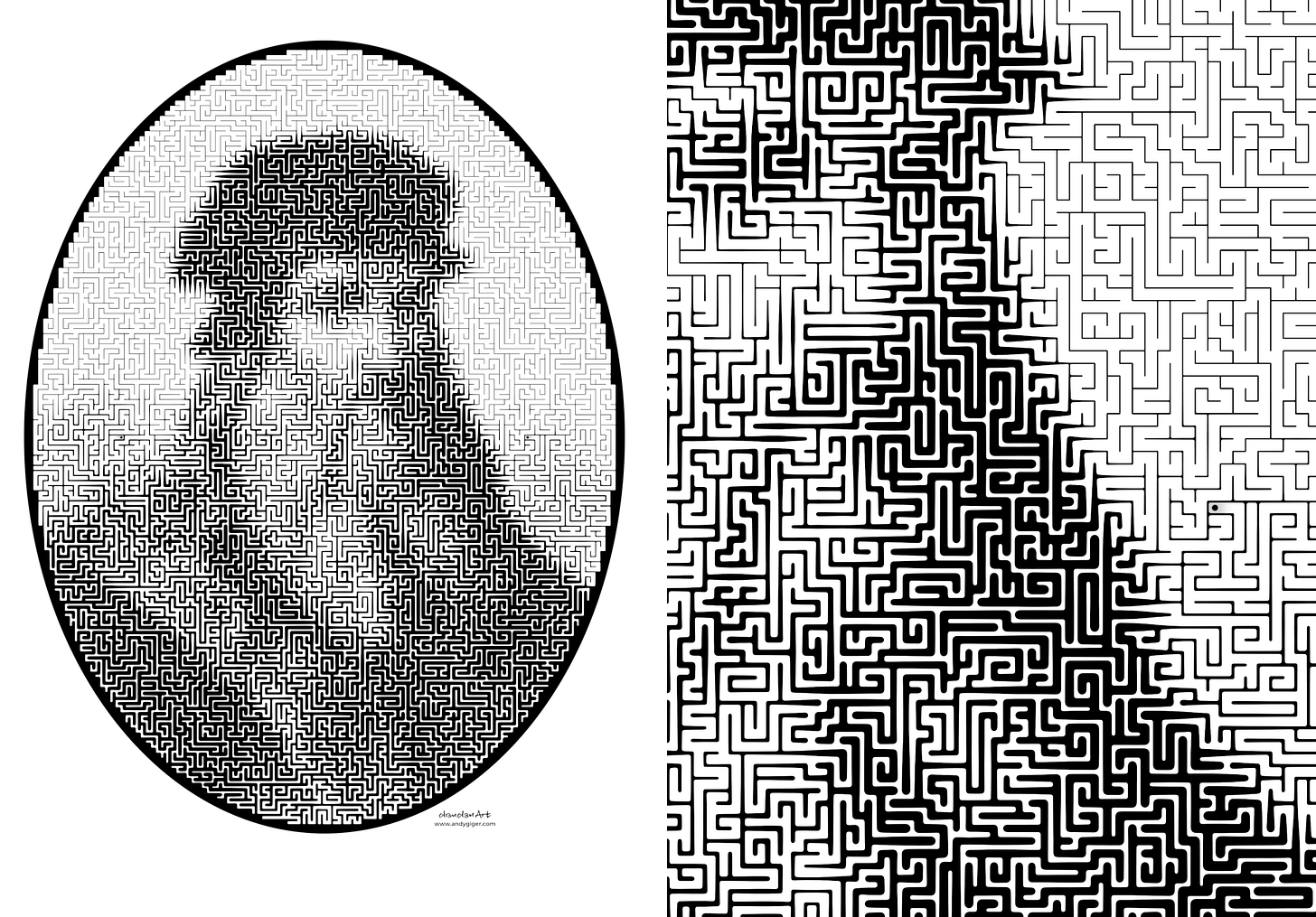 Two views of the black-and-white version of drandanArt's Da Vinci Maze