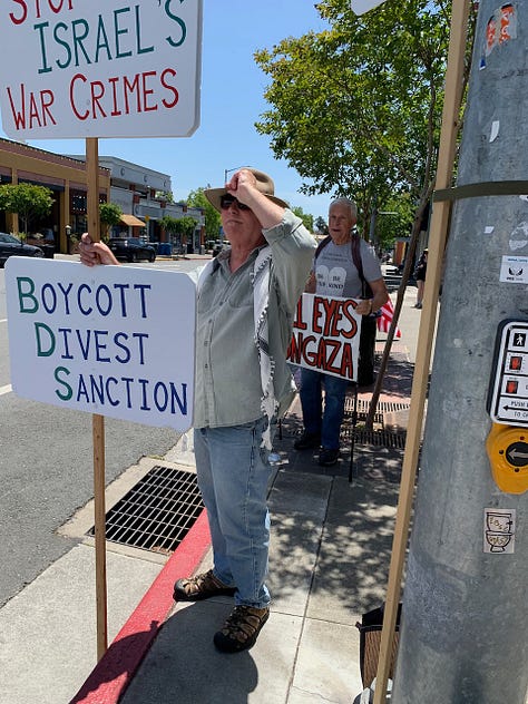 Photos of a small group of citizens holding signs on a small town streetcorner protesting the ongoing genocide in Gaza and Palestine.