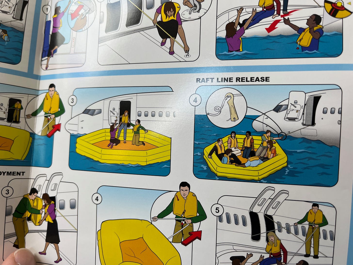 An airline water evacuation safety instruction card