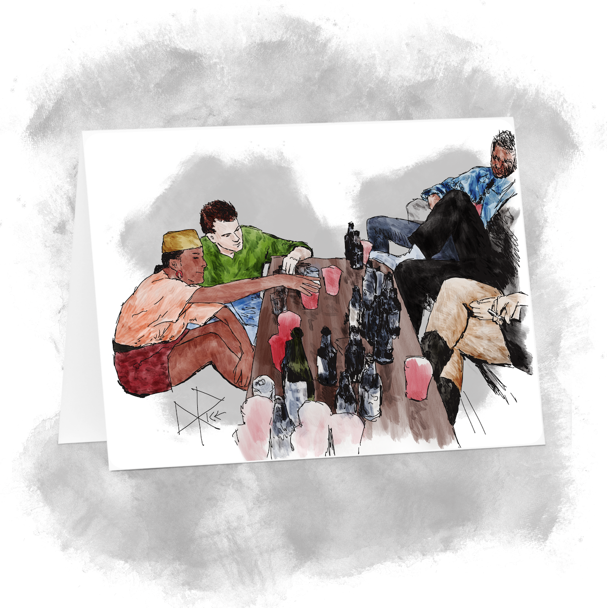 A group of people at a house party, gathered around a coffee table in a living room. The table is heavily laden with glasses and bottles and cans. Sketch art by Don Rice. A group of people at a house party, gathered around a coffee table in a living room. The table is heavily laden with glasses and bottles and cans. Sketch art by Don Rice.