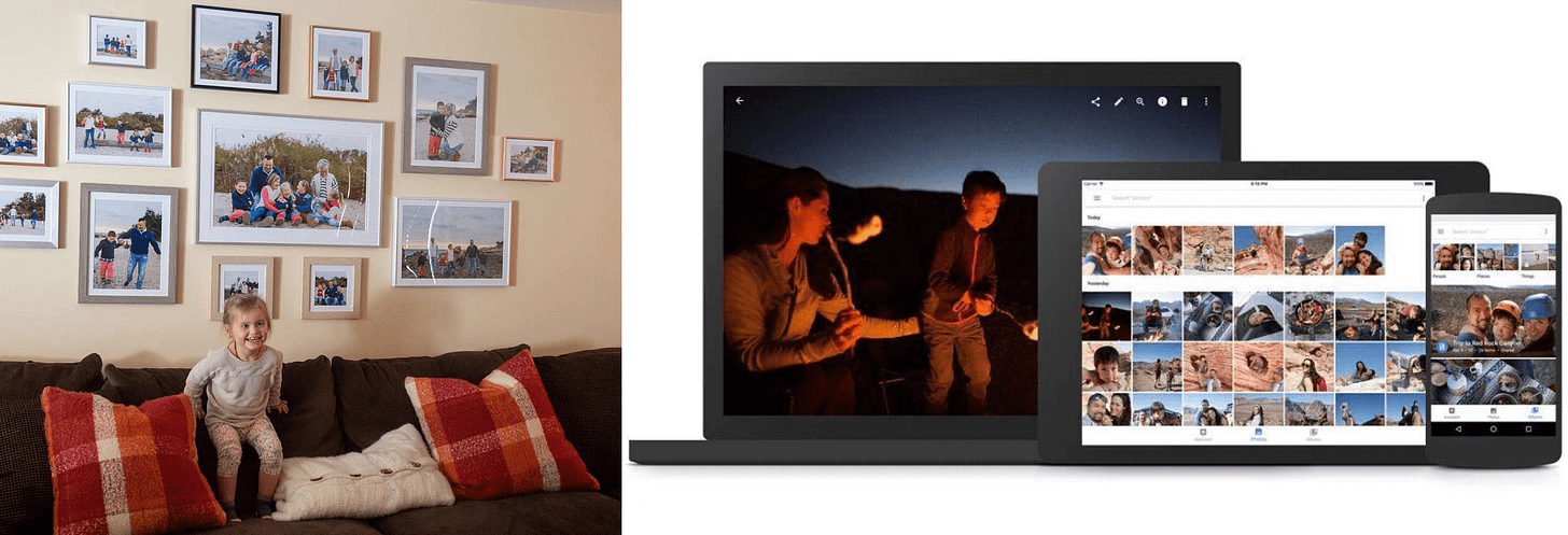 Left: a child laughing in front of the family photo wall; Right: browsing pictures via Google Photos Left: a child laughing in front of the family photo wall; Right: browsing pictures via Google Photos