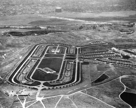 Two black-and-white aerial photographs of the oval-shaped Olympic Village community, one aerial view of the City of Los Angeles in 1933, a first-person perspective from the road inside the Olympic Village development, looking down a row of identical cottages, and a list of all of the countries that participated in LA32 from the official report
