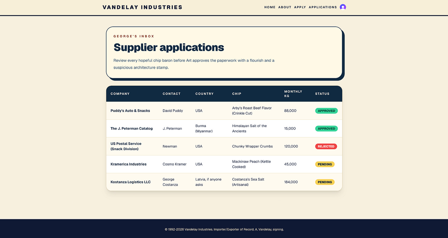 The Vandelay Industries supplier applications page, listing five applicants with columns for company, contact, country, chip type, monthly kg and status. The Vandelay Industries supplier applications page, listing five applicants with columns for company, contact, country, chip type, monthly kg and status.