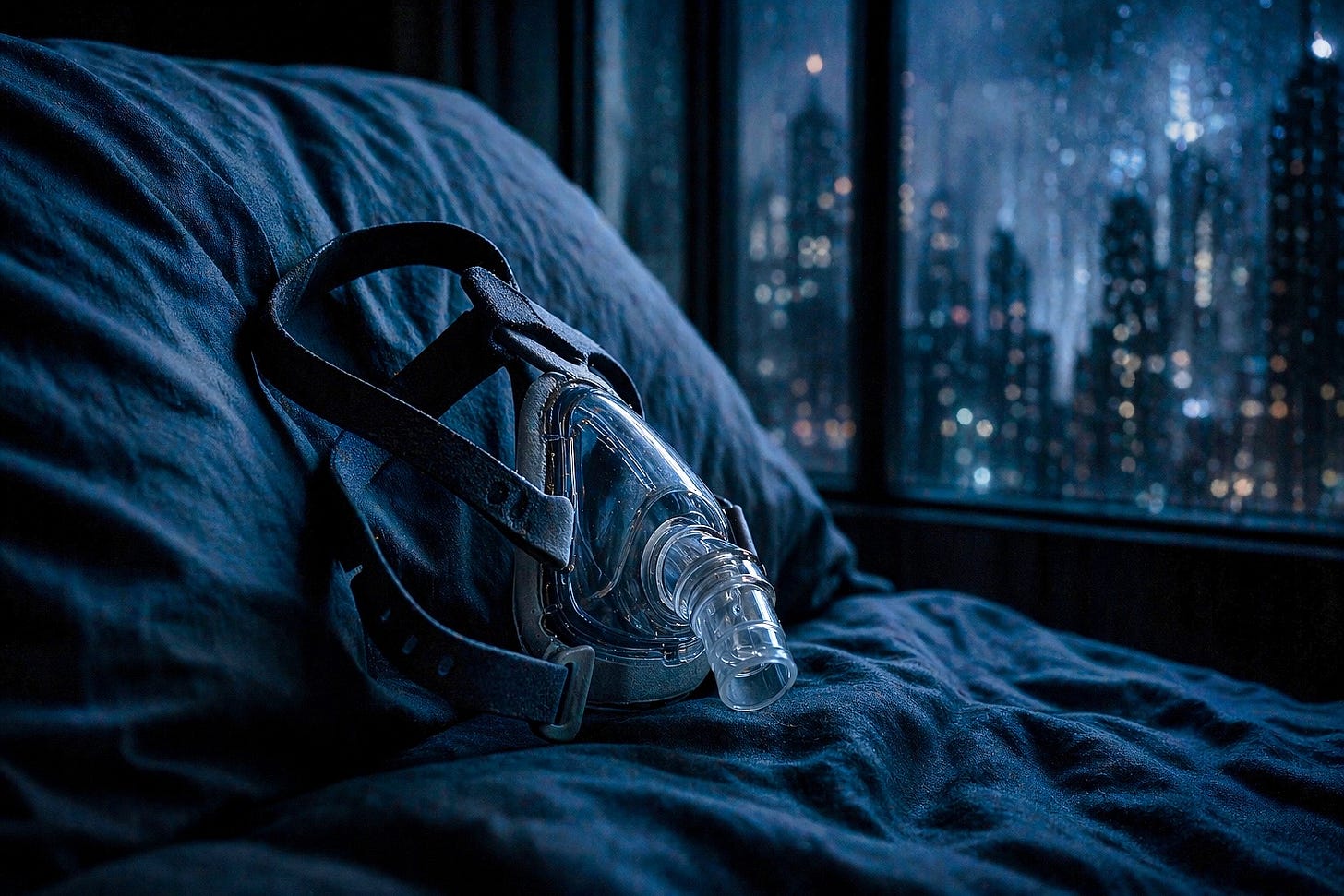 Eine CPAP-Schlafmaske liegt auf einem dunkelblauen Kissen vor einem regennassen Fenster. Im Hintergrund erhebt sich bei Nacht eine düstere Metropole mit gotischen Wolkenkratzern und vereinzelten Lichtpunkten – die fiktive Stadt Gotham City, bekannt aus dem Batman-Universum. Die Szene ist in kühles Blaulicht getaucht und vermittelt eine melancholische, noir-hafte Atmosphäre.