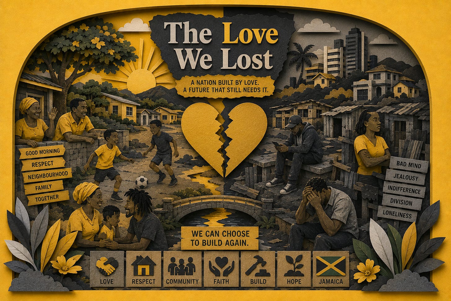 A bold reflection on modern Jamaica, contrasting community and togetherness with division and emotional distance, while holding onto hope that the country can still rebuild its sense of unity.