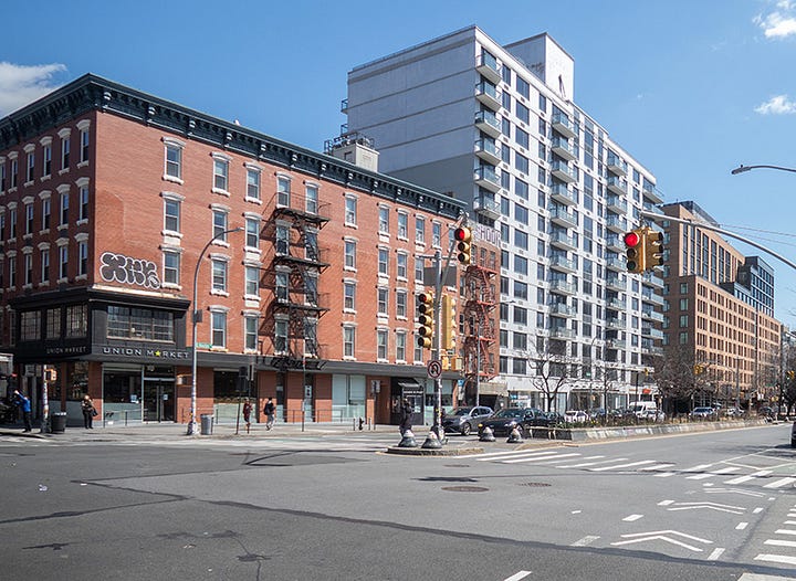 photos from 1940 and 2025 of the same place on East Houston St & Ave A