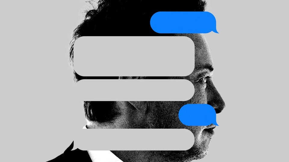 A photograph of Elon Musk covered in empty text-message bubbles