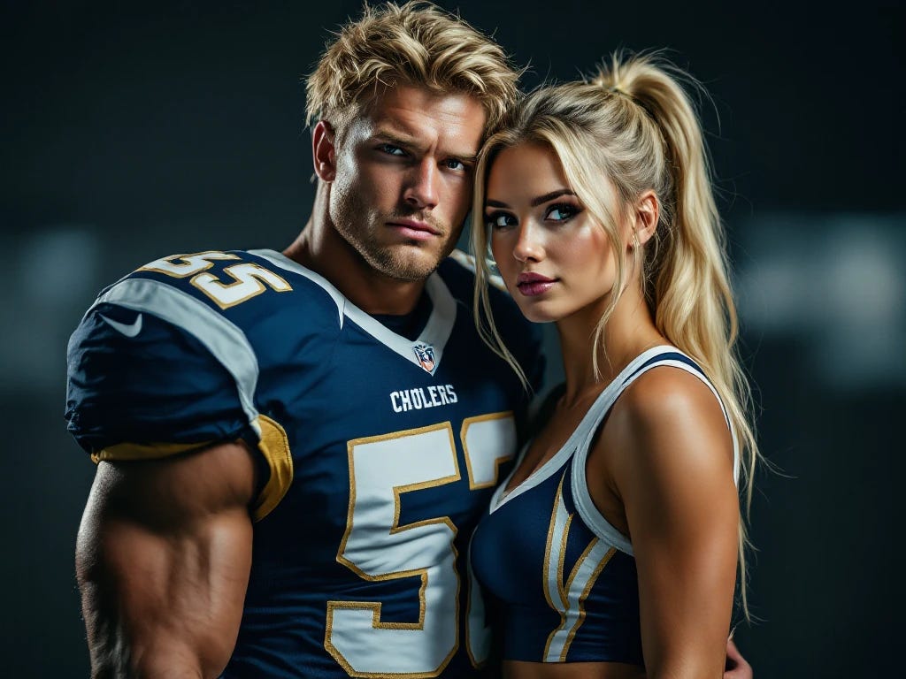 stupid blonde alpha male with muscles wearing football uniform with his cheerleader girlfriend