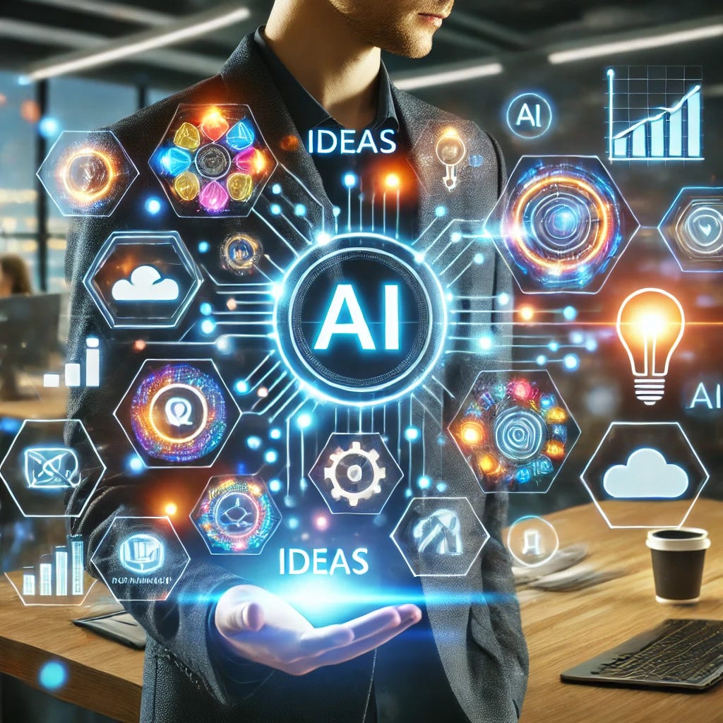 A professional and creative illustration showing a person interacting with futuristic AI interfaces, with glowing holographic elements representing ideas, workflows, and productivity tools. The setting is a sleek, modern workspace, blending technology and creativity, symbolising how AI enhances personal and business life. Include icons for content creation, marketing, and task automation. Bright, inspirational colours with a focus on innovation.