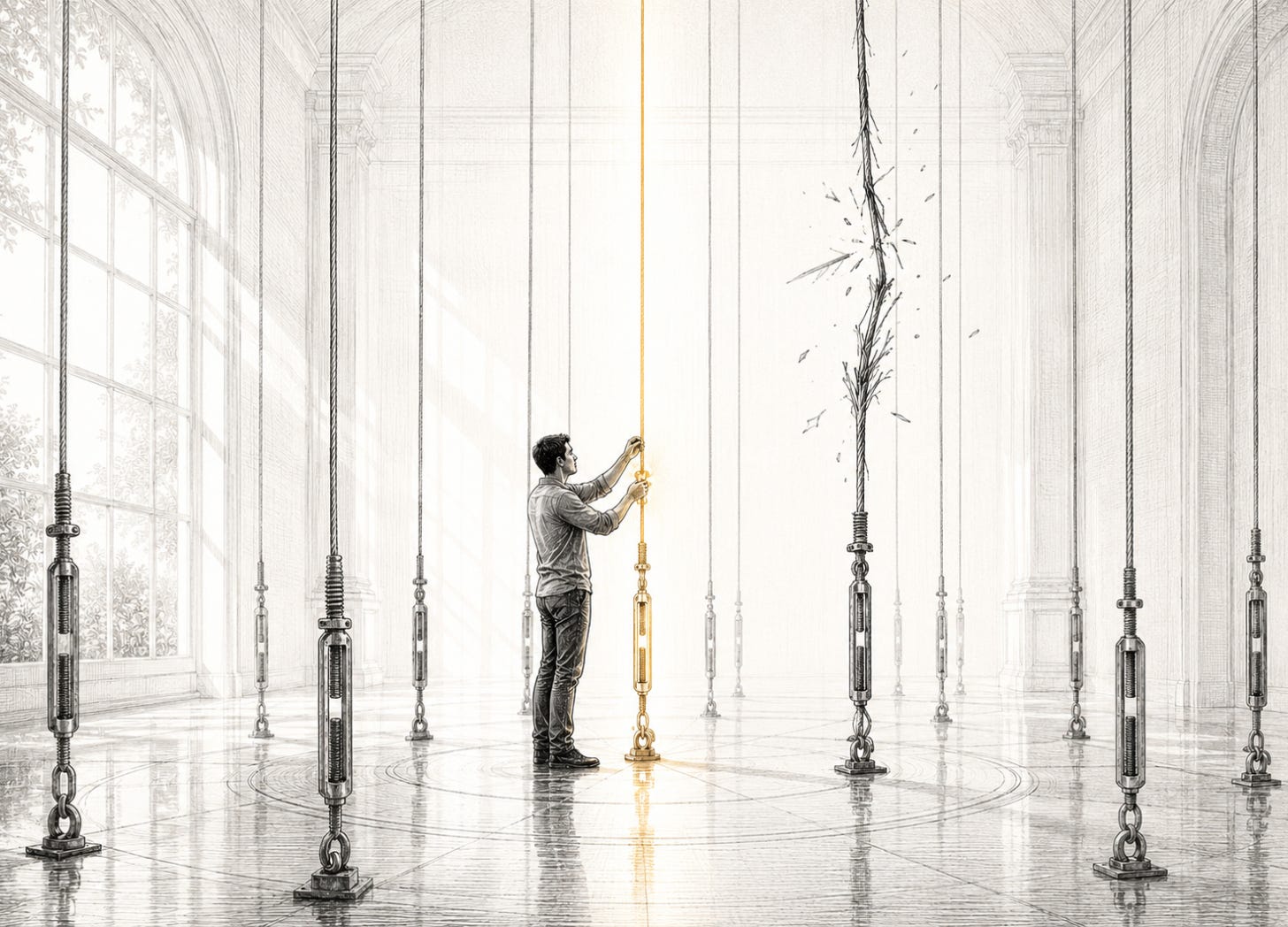 A figure tunes enormous vertical strings in a bright studio, with one gold-lit string steady while another frays under excess tension. A figure tunes enormous vertical strings in a bright studio, with one gold-lit string steady while another frays under excess tension.